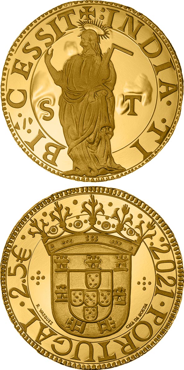 Image of 2.5 euro coin - Escudo of Saint Thomas | Portugal 2021.  The Gold coin is of Proof quality.