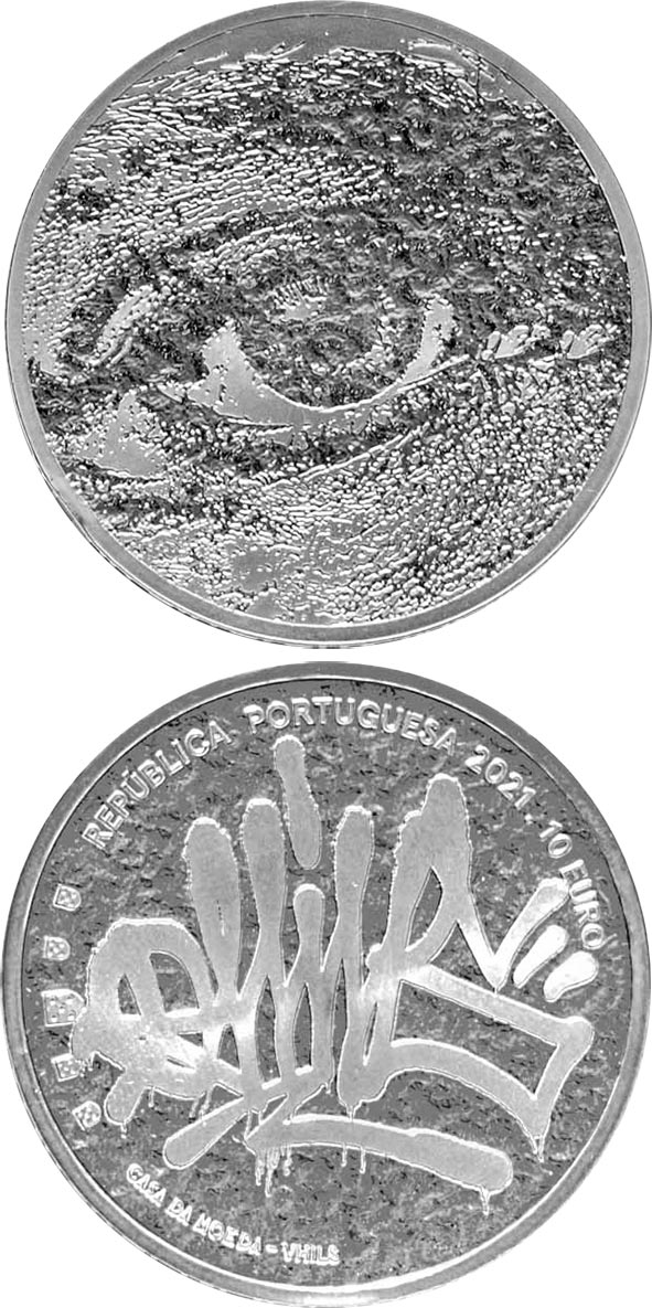 Image of 10 euro coin - Vhils | Portugal 2021.  The Silver coin is of Proof, UNC quality.