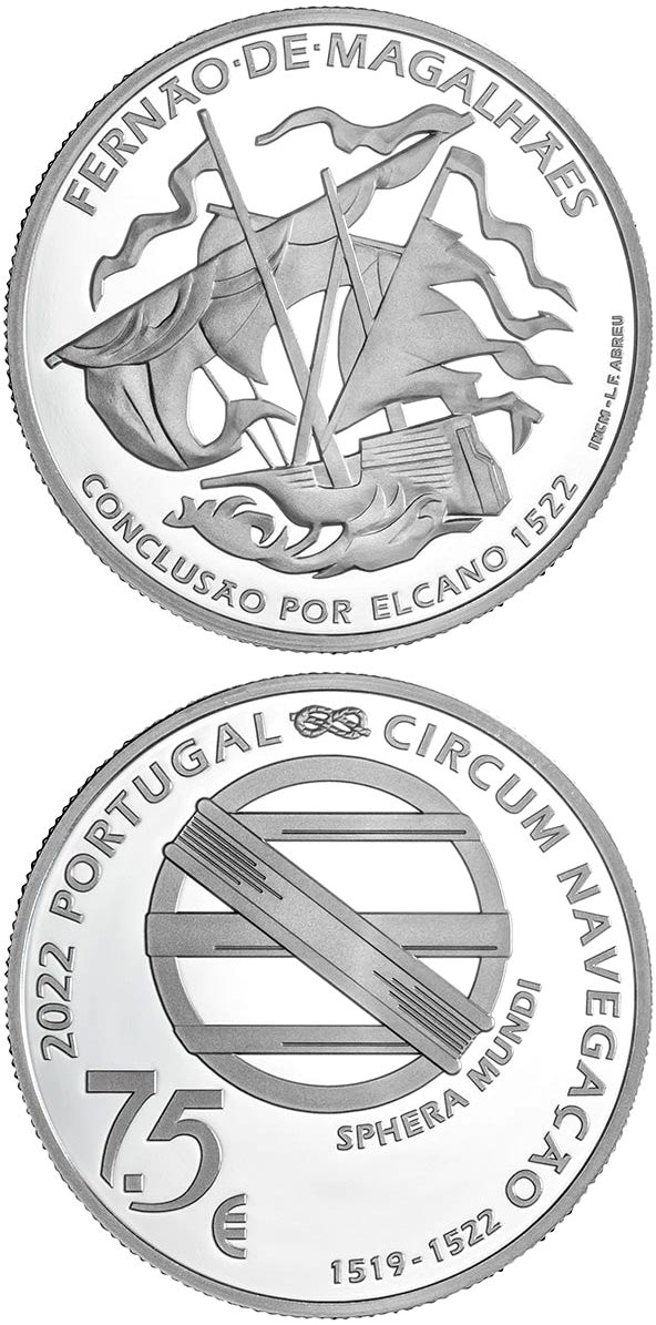 Image of 7.5 euro coin - 5th Centenary of Ferdinand Magellan Circumnavigation - Conclusion 1522 | Portugal 2022