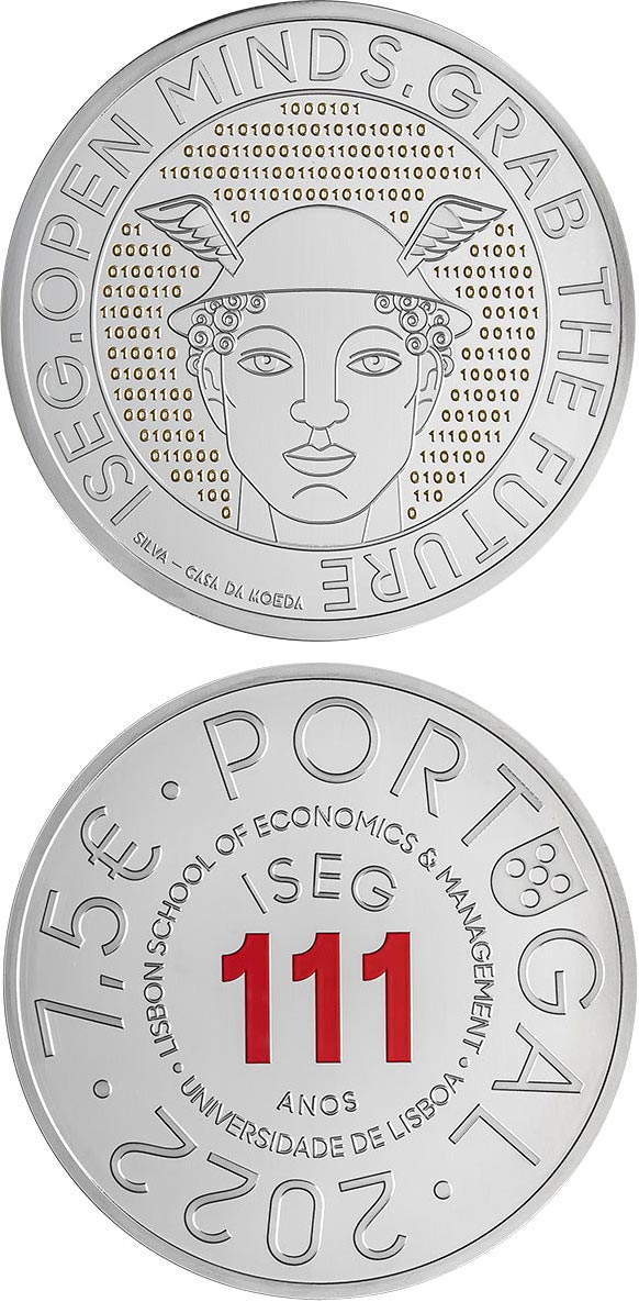 Image of 7.5 euro coin - 111th Anniversary of Iseg (Lisbon School
of Economics and Management) | Portugal 2022.  The Silver coin is of Proof, BU, UNC quality.
