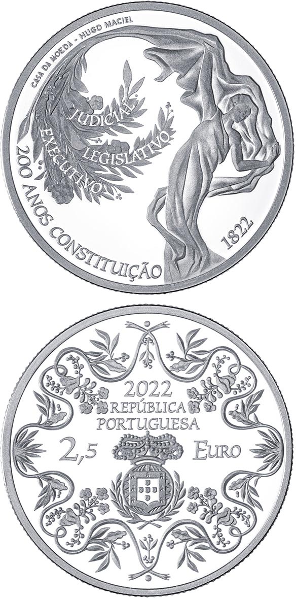Image of 2.5 euro coin - 200 years of the Constitution of 1822 | Portugal 2022.  The Silver coin is of Proof, BU, UNC quality.