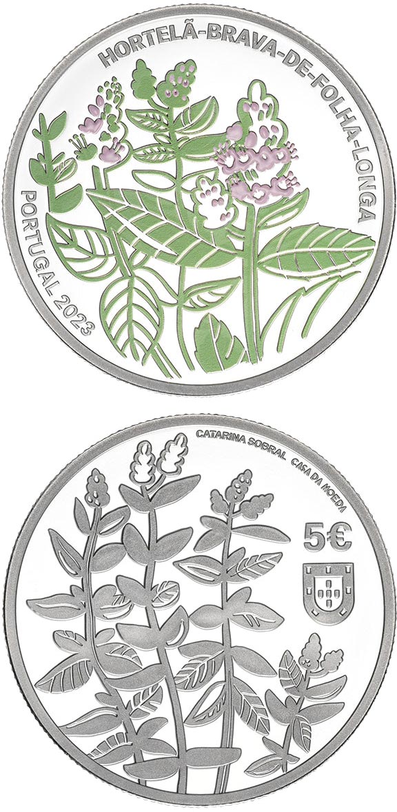 Image of 5 euro coin - Longleaf spearmint (mentha longifolia)  | Portugal 2023