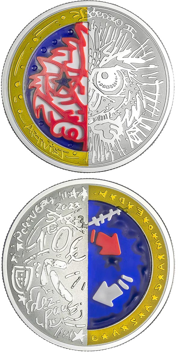 Image of 10 euro coin - Bordalo II | Portugal 2023.  The Silver coin is of Proof, UNC quality.