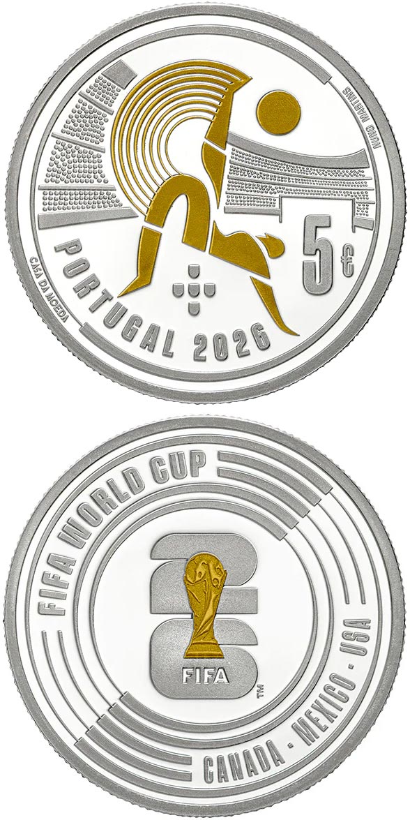 Image of 5 euro coin - FIFA World Cup | Portugal 2026.  The Silver coin is of Proof quality.