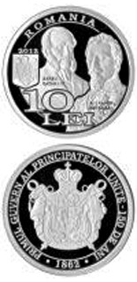 Image of 10 leu coin - 150th anniversary of the unification of the central political institutions of modern Romania | Romania 2012.  The Silver coin is of Proof quality.