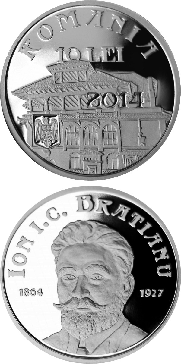 Image of 10 leu coin - 150 years since the birth of Ion I. C. Brătianu | Romania 2014.  The Silver coin is of Proof quality.