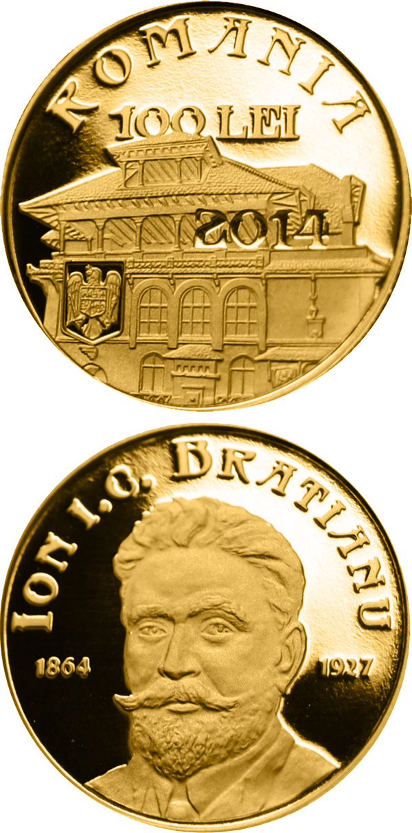 Image of 100 leu coin - 150 years since the birth of Ion I. C. Brătianu | Romania 2014.  The Gold coin is of Proof quality.
