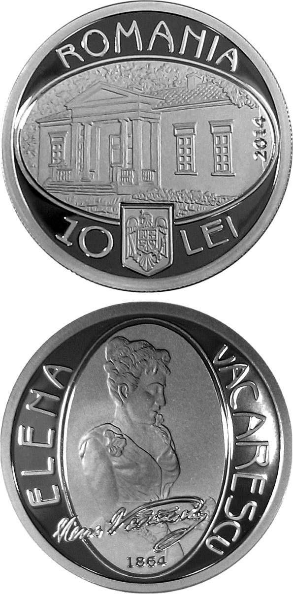 Image of 10 leu coin - 150 years since the birth of Elena Văcărescu | Romania 2014.  The Silver coin is of Proof quality.