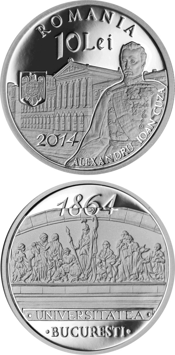 Image of 10 leu coin - 150 years since the establishment of the University of Bucharest | Romania 2014.  The Silver coin is of Proof quality.