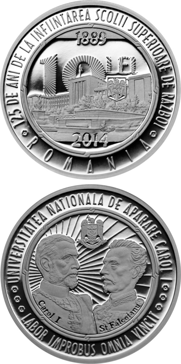 Image of 10 leu coin - The anniversary of 125 years since the establishment of the Superior War School | Romania 2014.  The Silver coin is of Proof quality.