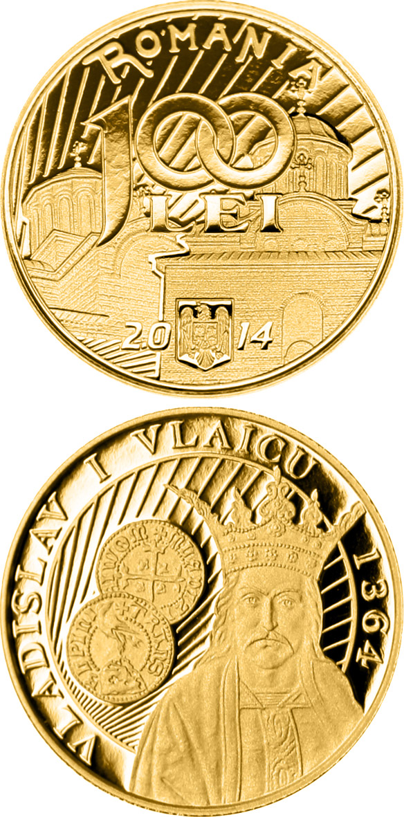 Image of 100 leu coin - 650th anniversary of the beginning of the reign of Vladislav I Vlaicu | Romania 2014.  The Gold coin is of Proof quality.