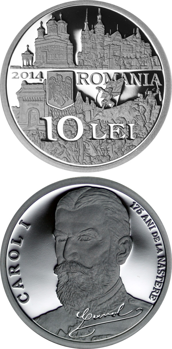 Image of 10 leu coin - 175th anniversary of the birth of King Carol I of Romania | Romania 2014.  The Silver coin is of Proof quality.