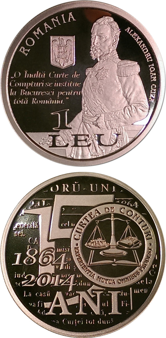 Image of 1 leu coin - 150th anniversary of the establishment of Romania’s Court of Accounts | Romania 2014.  The Copper coin is of Proof quality.
