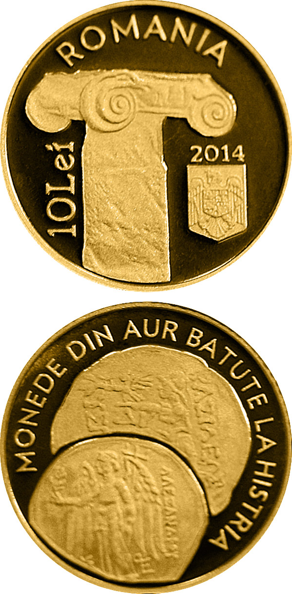 Image of 10 leu coin - The History of Gold – Gold Coins Minted at Histria | Romania 2014.  The Gold coin is of Proof quality.