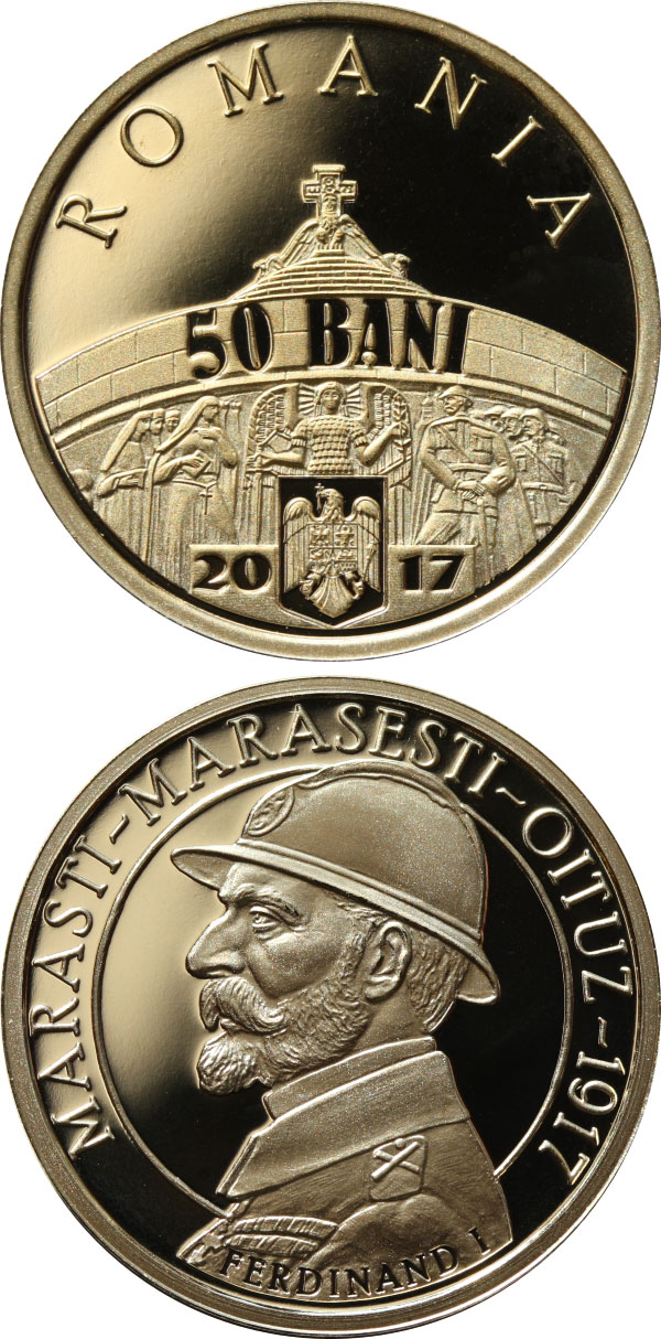 Image of 50 bani coin - 100 years since the Romanian Army’s victories at Mărăşti, Mărăşeşti and Oituz | Romania 2017.  The Bronze coin is of Proof, BU, UNC quality.