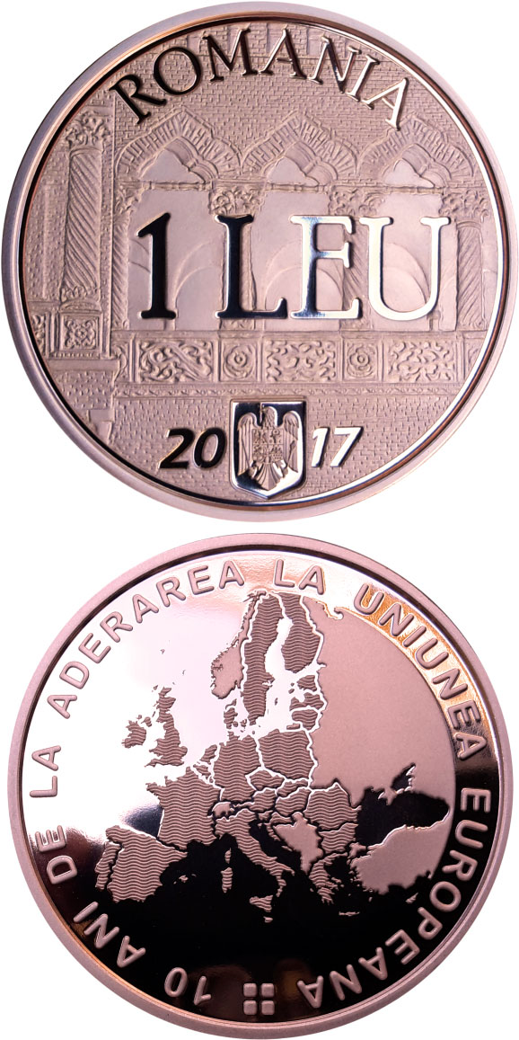 Image of 1 leu coin - 10 years since Romania’s accession to the European Union | Romania 2017.  The Copper coin is of Proof quality.