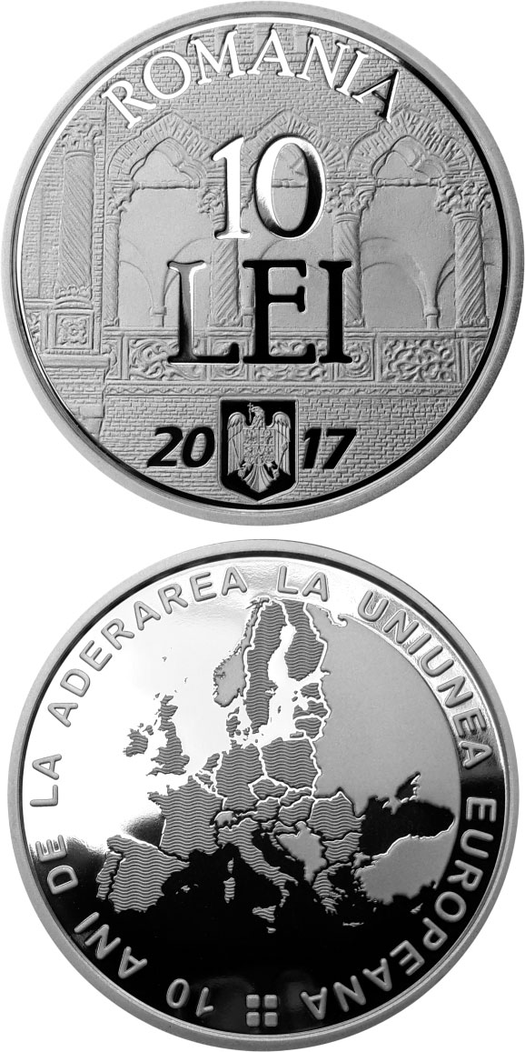Image of 10 leu coin - 10 years since Romania’s accession to the European Union | Romania 2017.  The Silver coin is of Proof quality.