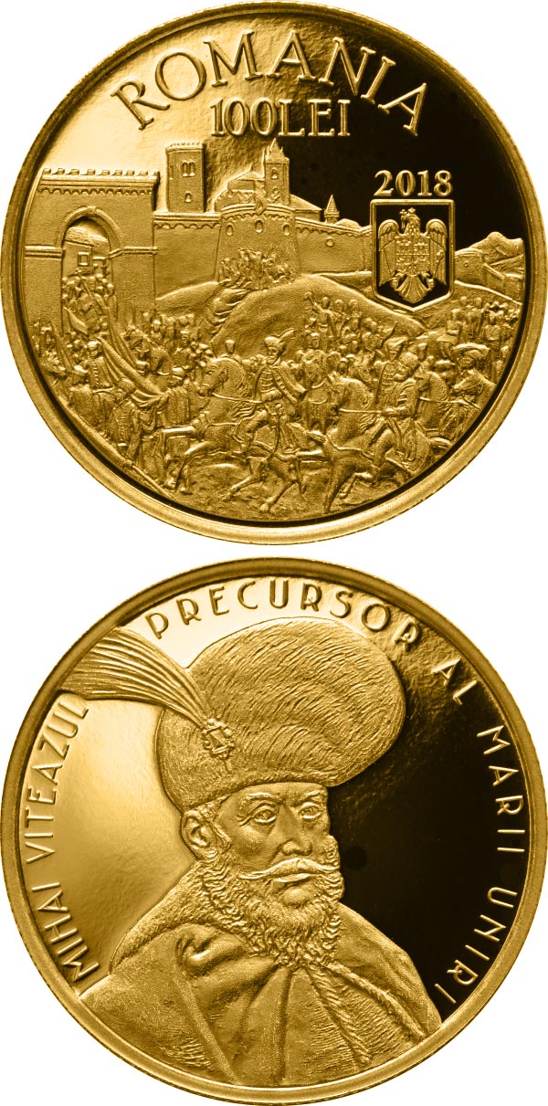 Image of 100 leu coin - Michael the Brave, forerunner of the Great Union | Romania 2018.  The Gold coin is of Proof quality.