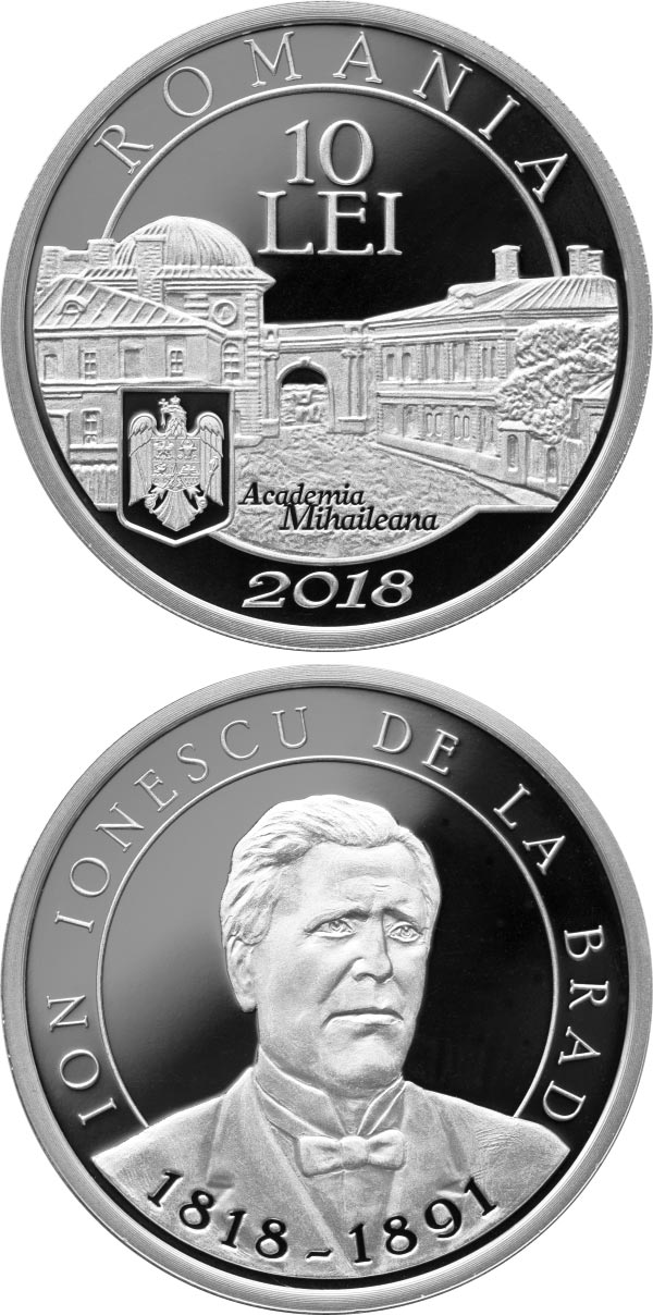 Image of 10 leu coin - 200 years since Ion Ionescu de la Brad’s birth | Romania 2018.  The Silver coin is of Proof quality.
