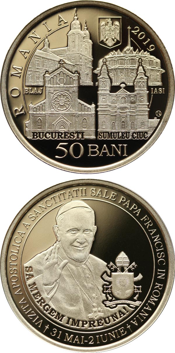 Image of 50 bani coin - The Apostolic journey of His Holiness Pope Francis to Romania | Romania 2019.  The Bronze coin is of Proof quality.