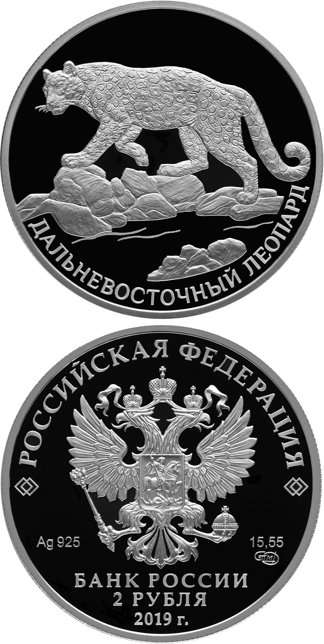 Image of 2 rubles coin - Amur Leopard | Russia 2019.  The Silver coin is of Proof quality.