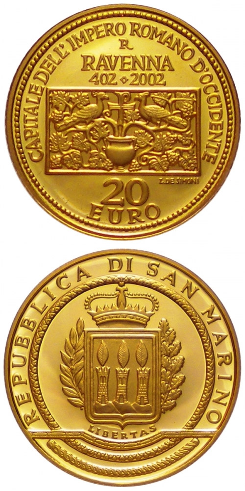 Image of 20 euro coin - 1600th Anniversary of the Proclamation of Ravenna as Capital of the Western Roman Empire  | San Marino 2002.  The Gold coin is of Proof quality.