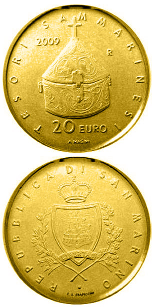 Image of 20 euro coin - Treasures of San Marino  | San Marino 2009.  The Gold coin is of Proof quality.
