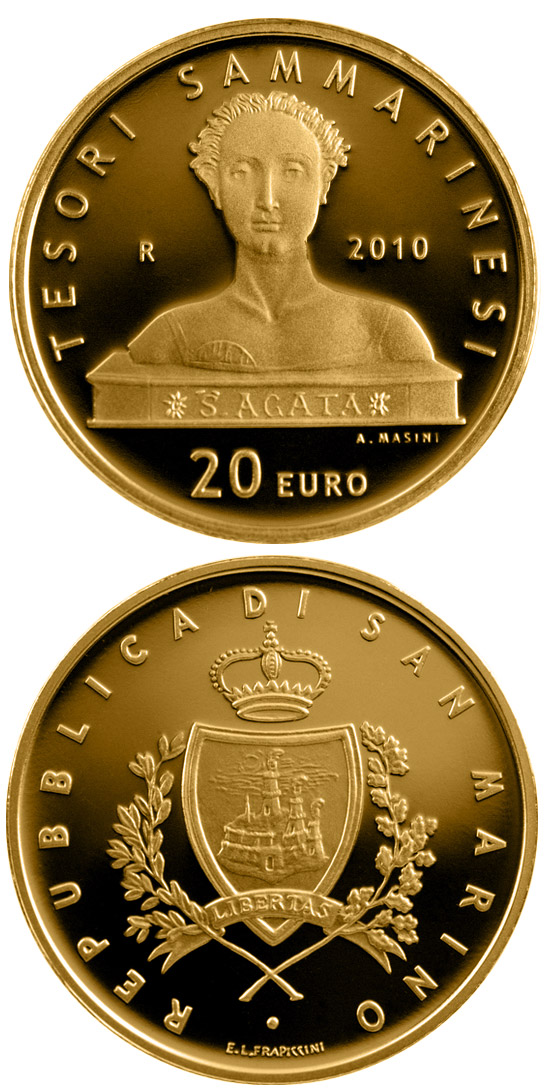Image of 20 euro coin - Treasures of San Marino  | San Marino 2010.  The Gold coin is of Proof quality.