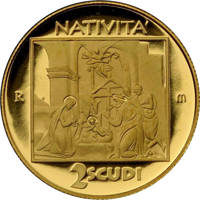 Image of 2 scudi coin - Nativita | San Marino 2011.  The Gold coin is of Proof quality.