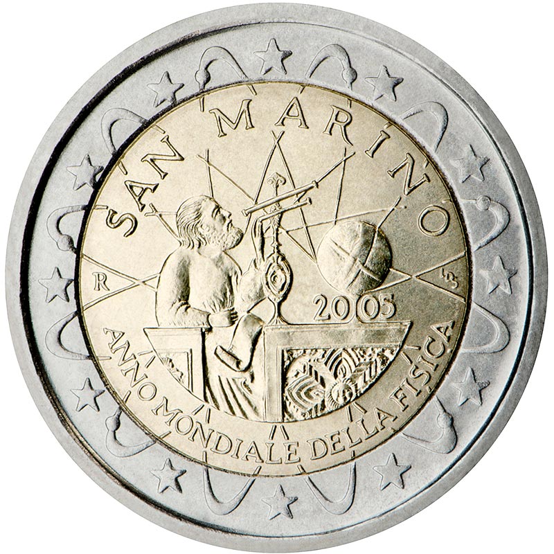 Image of 2 euro coin - World Year of Physics 2005 | San Marino 2005