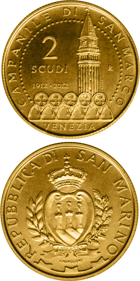 Image of 2 scudi coin - The 100th Anniversary of the New Tower of Basilica of Saint Mark | San Marino 2012.  The Gold coin is of Proof quality.