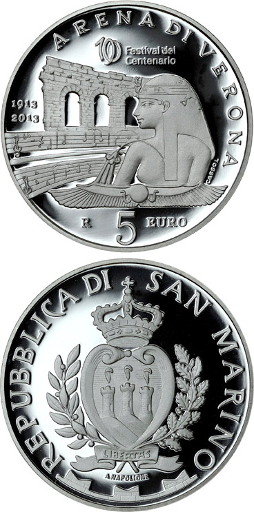 Image of 5 euro coin - 100th Anniversary of the Verona Festival | San Marino 2013.  The Silver coin is of Proof quality.