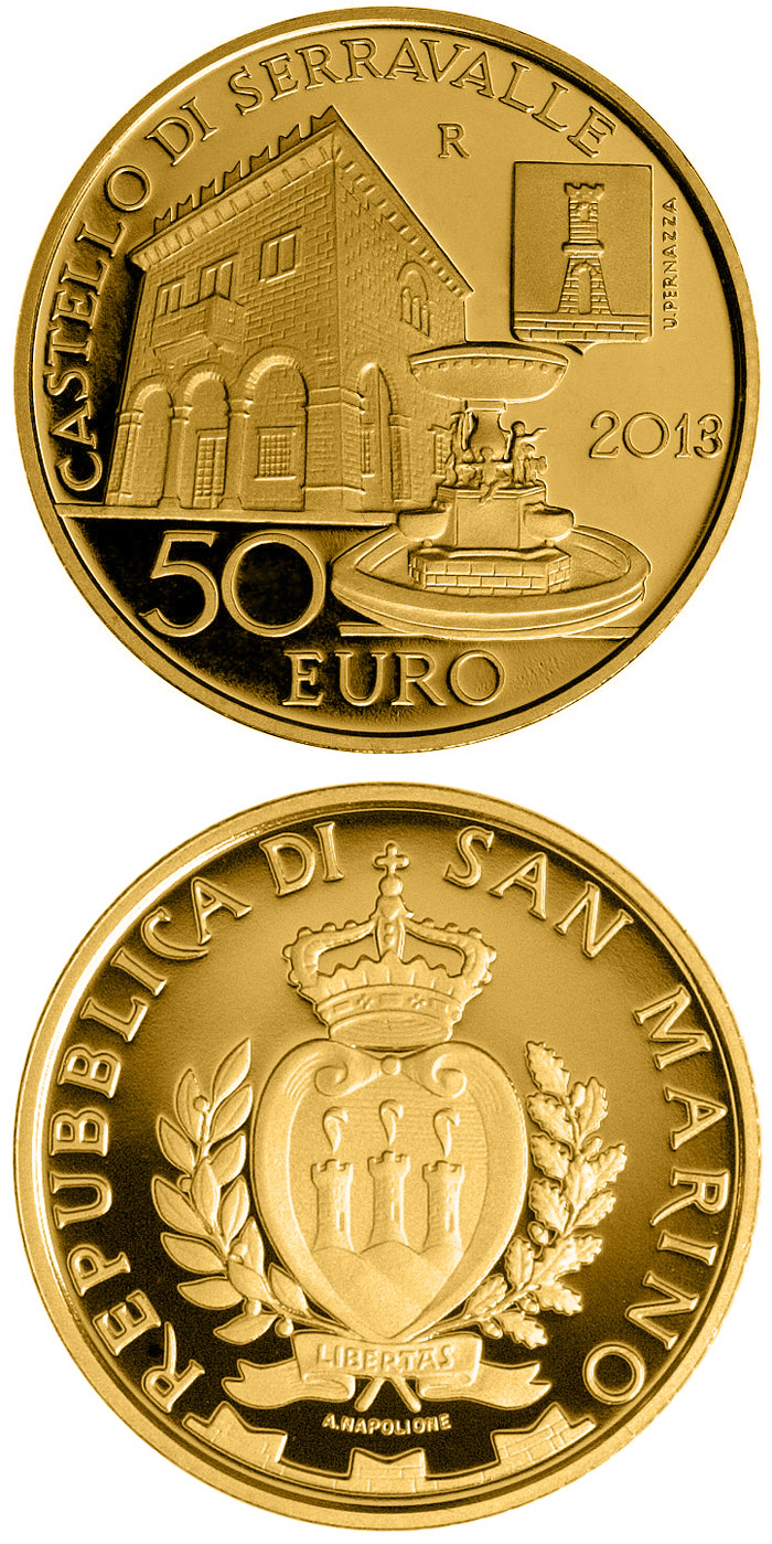 Image of 50 euro coin - Architectural Elements: Castle of Serravalle | San Marino 2013.  The Gold coin is of Proof quality.