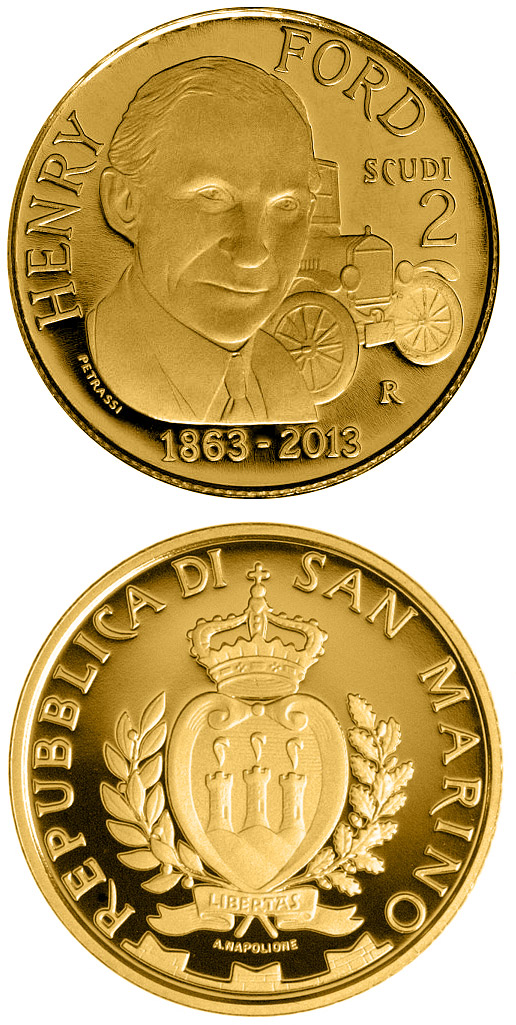 Image of 2 scudi coin - 150th Anniversary of the Birth of Henry Ford | San Marino 2013.  The Gold coin is of Proof quality.