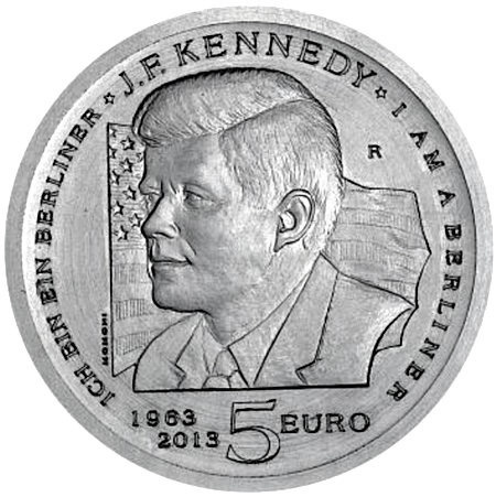 Image of 5 euro coin - 50th Anniversary of the Death of John Fitzgerald Kennedy | San Marino 2013.  The Silver coin is of Proof quality.