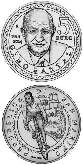 Image of 5 euro coin - 100th anniversary of the birth of Gino Bartali | San Marino 2014.  The Silver coin is of BU quality.