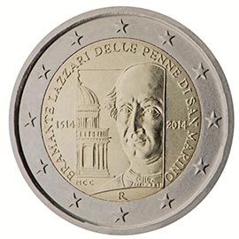 Image of 2 euro coin - 500th Anniversary of the death of Bramante Lazzari delle Penne di San Marino | San Marino 2014