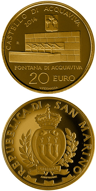 Image of 20 euro coin - Architectural elements of San Marino: Castles of Acquaviva and Domagnano | San Marino 2014.  The Gold coin is of Proof quality.