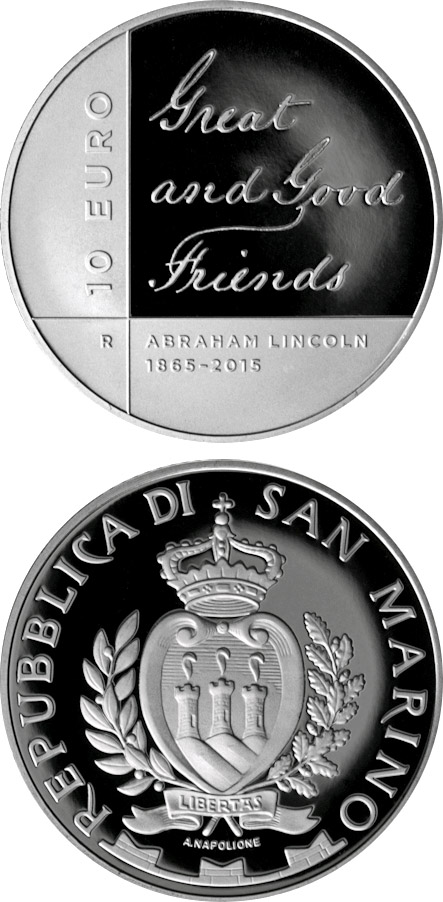 Image of 10 euro coin - 150th Anniversary of the Detah of Abraham Lincoln | San Marino 2015.  The Silver coin is of Proof quality.