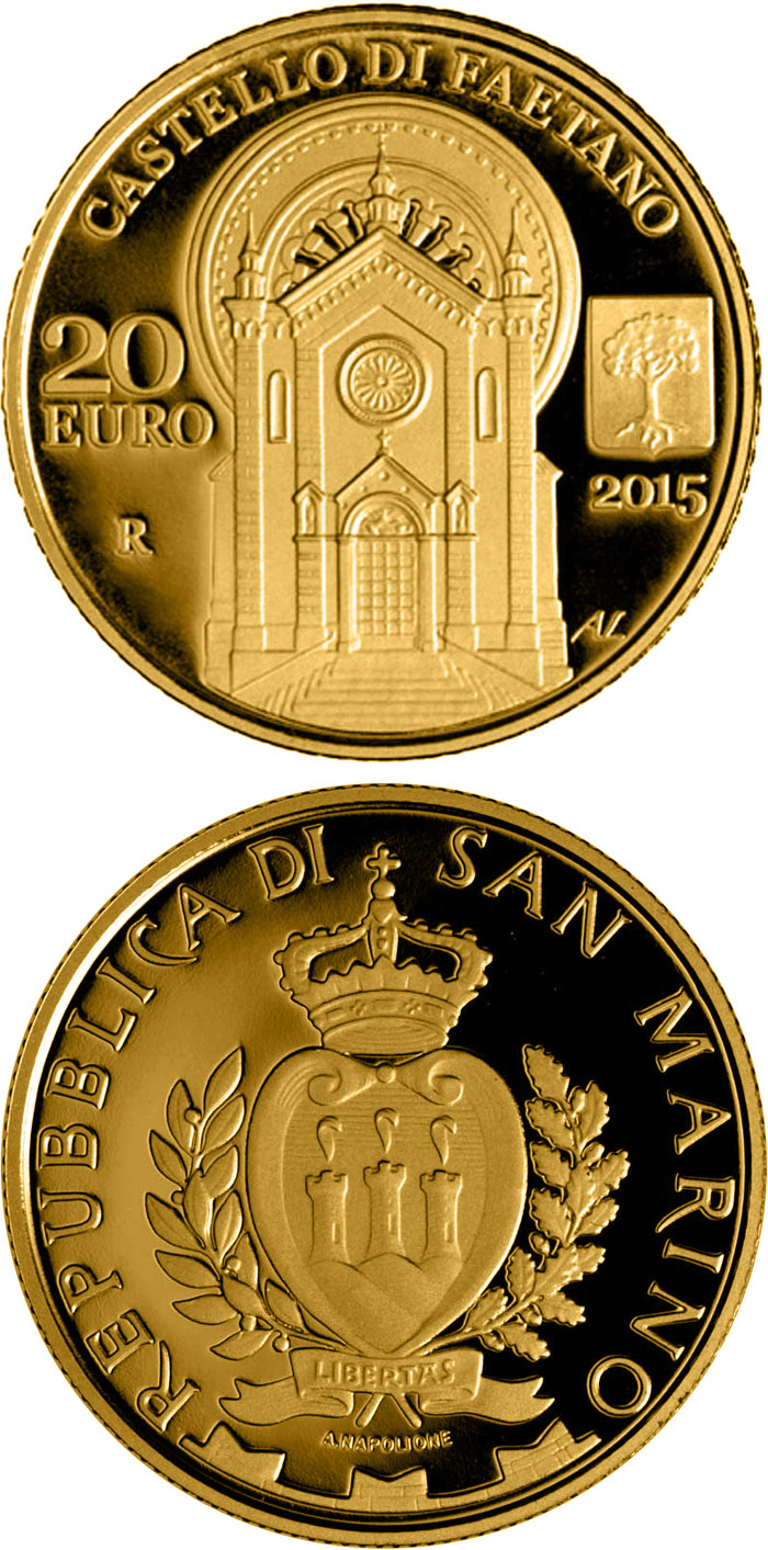 Image of 20 euro coin - Castles of Faetano and Montegiardino | San Marino 2015.  The Gold coin is of Proof quality.