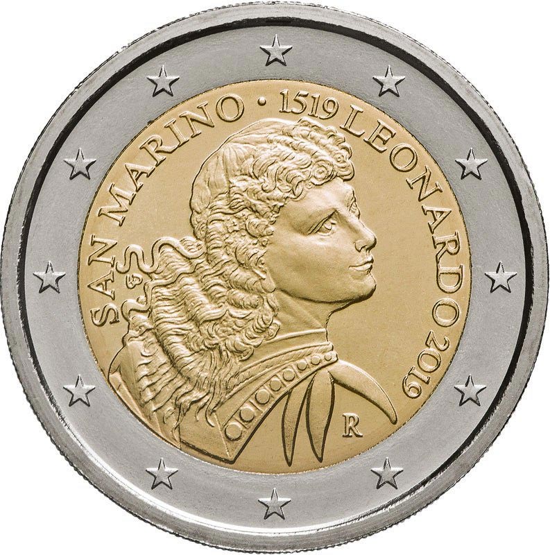 Image of 2 euro coin - 500th Anniversary of the Death of Leonardo da Vinci | San Marino 2019