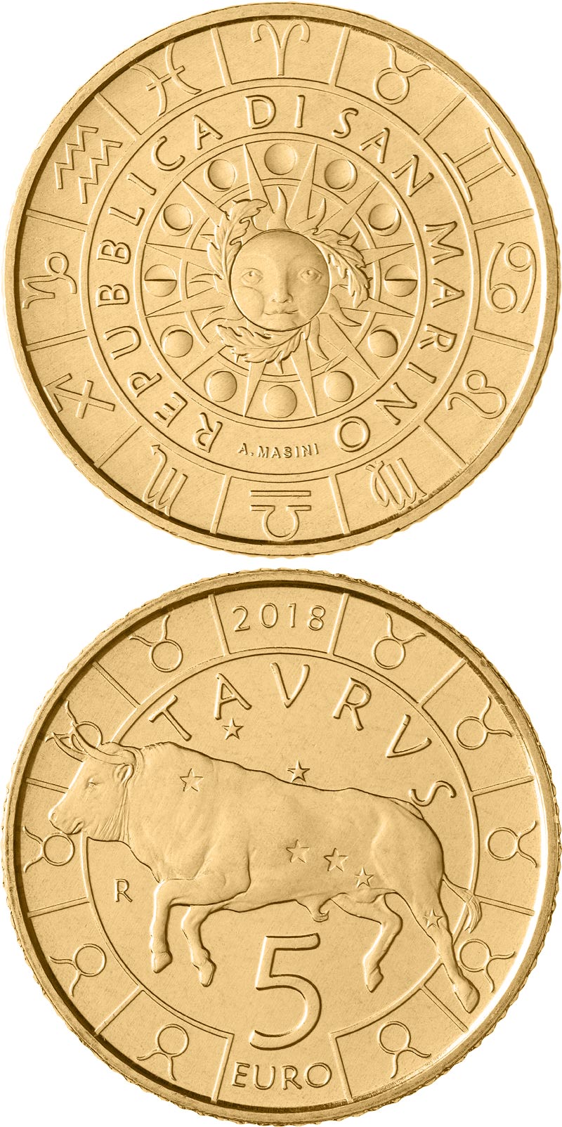 Image of 5 euro coin - Taurus | San Marino 2018.  The Bronze coin is of UNC quality.