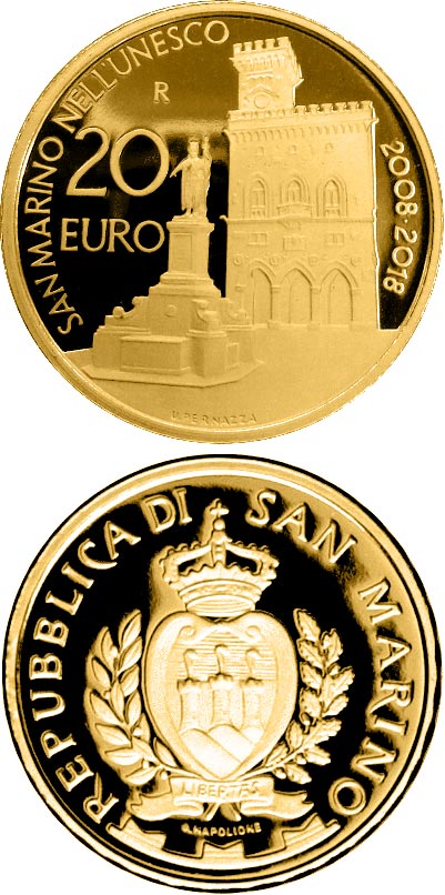 Image of 20 euro coin - 10th anniversary of the inscription of San Marino in the UNESCO World Heritage List | San Marino 2018.  The Gold coin is of Proof quality.