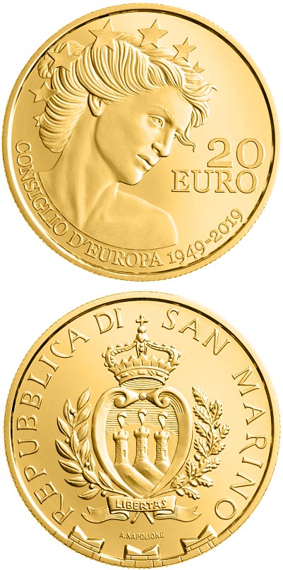 Image of 20 euro coin - 70th anniversary of the European Council | San Marino 2019.  The Gold coin is of Proof quality.