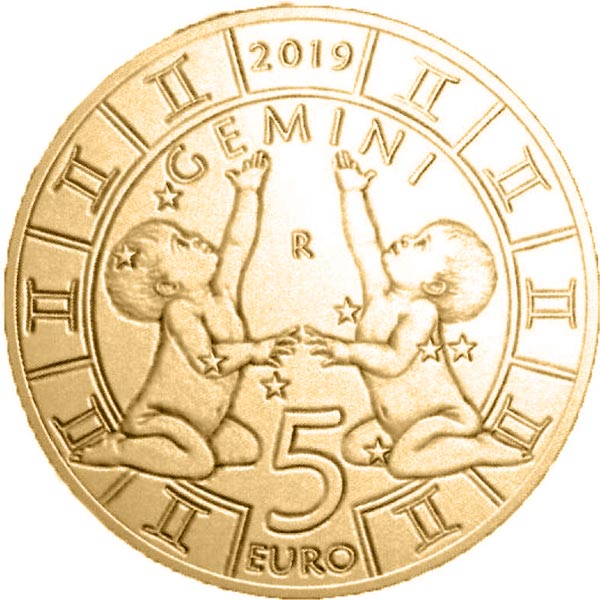 Image of 5 euro coin - Gemini | San Marino 2019.  The Bronze coin is of UNC quality.