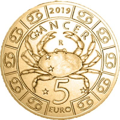 Image of 5 euro coin - Cancer | San Marino 2019.  The Bronze coin is of UNC quality.
