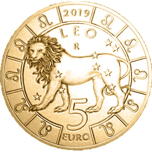 Image of 5 euro coin - Leo | San Marino 2019.  The Bronze coin is of UNC quality.