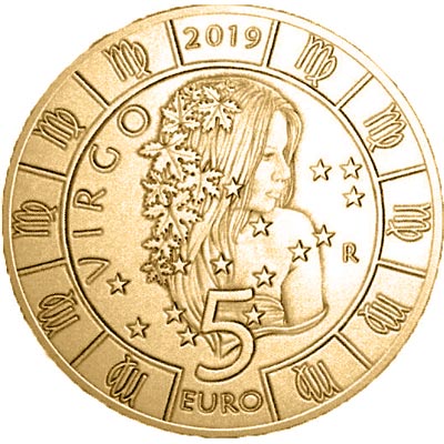 Image of 5 euro coin - Virgo | San Marino 2019.  The Bronze coin is of UNC quality.