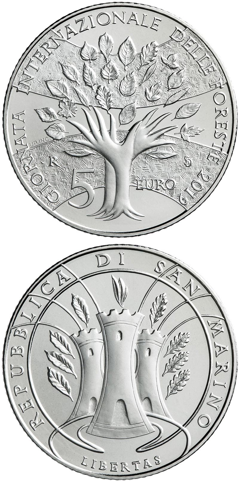 Image of 5 euro coin - International Forest Day | San Marino 2019.  The Silver coin is of BU quality.