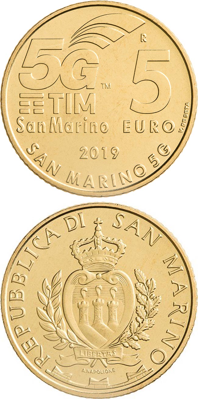 Image of 5 euro coin - San Marino 5G | San Marino 2019.  The Bimetal: CuNi, nordic gold coin is of BU quality.